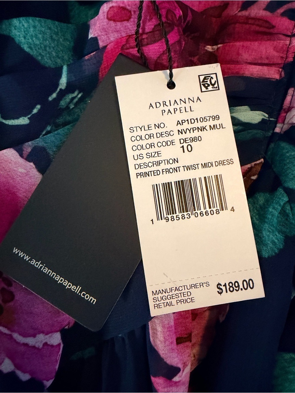 NWT Adrianna Papell Floral Front Twist Midi Dress Navy Pink Size 10 - Picture 5 of 12